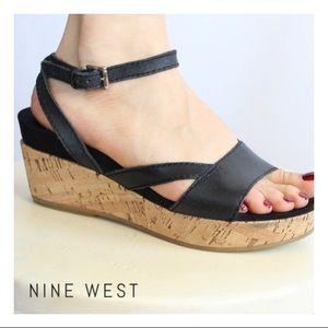 (Sz 6.5) Nine West Leather Frankeno Black Wedges